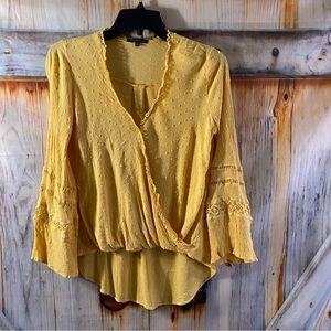 Staccato Mustard Boho High Low Peasant Blouse w Long Bell Sleeves